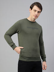 Men Olive Regular Fit Solid Crew Neck Casual Sweat Shirt