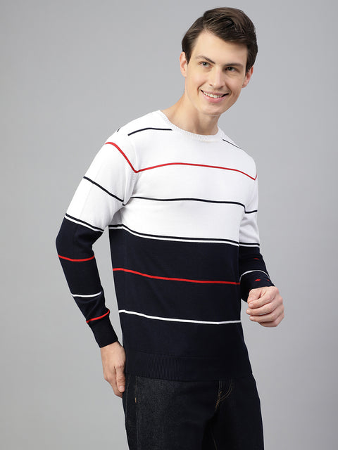 Men Navy White Regular Fit Solid Crew Neck Casual Sweater