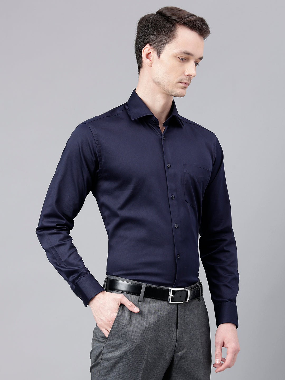 Men Navy Standard Fit Solid Club Wear Shirt