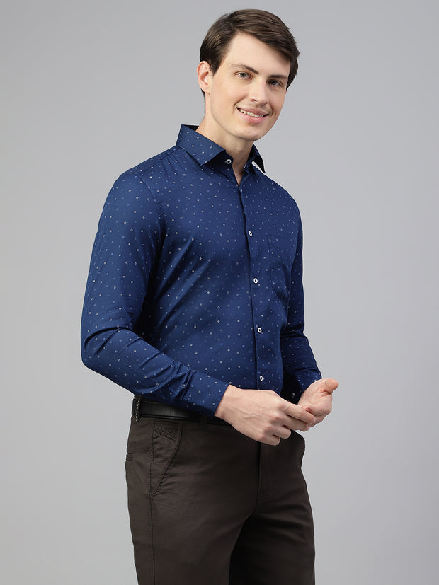 Men Navy Regular Fit Print Spread Collar Club Wear Shirt