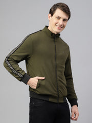 Men Olive Regular Fit Solid Stand Collar Casual Jacket