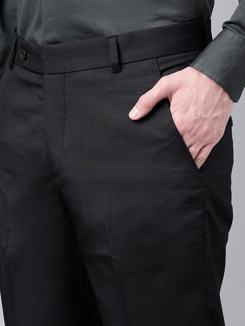 Men Black Standard Fit Mid Rise Solid Formal Trouser