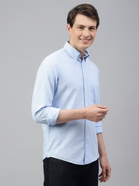 Men Sky Blue Regular Fit Solid Spread Collar Casual Shirt