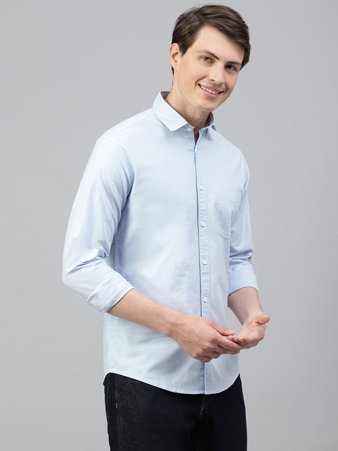 Men Ice Blue Regular Fit Solid Spread Collar Casual Shirt