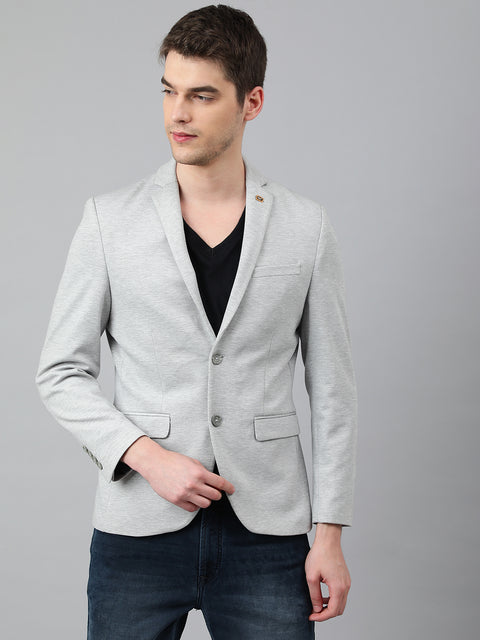 Men Grey Regular Fit Solid Notched Lapel Casual Blazer