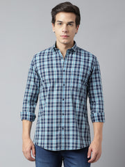 Men Navy Turquoise Standard Fit Checkered Casual Shirt