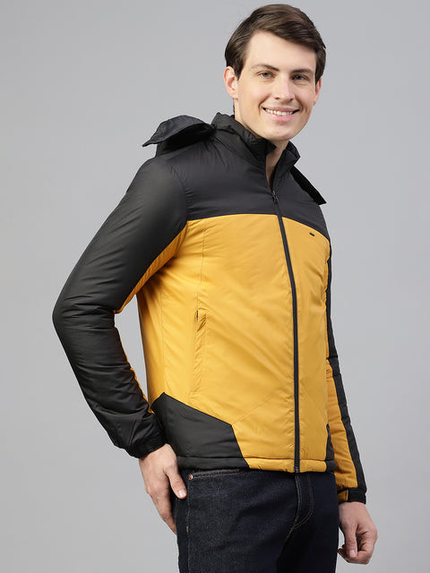 Men Black Ochre Regular Fit Solid Hoodie Casual Jacket