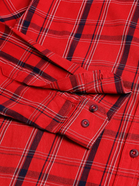 Men Red Regular Fit Checkered Spread Collar Casual Shirt