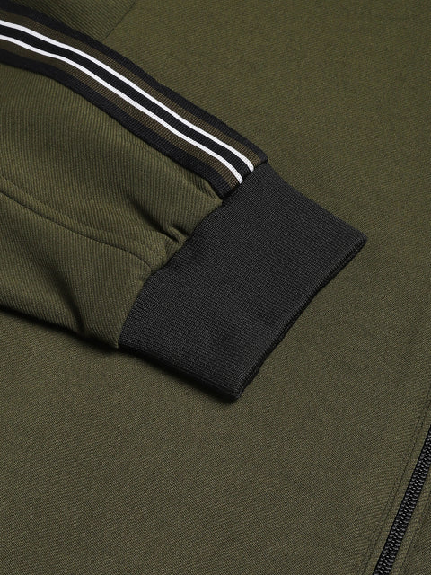 Men Olive Regular Fit Solid Stand Collar Casual Jacket