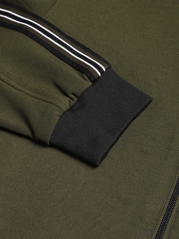 Men Olive Regular Fit Solid Stand Collar Casual Jacket