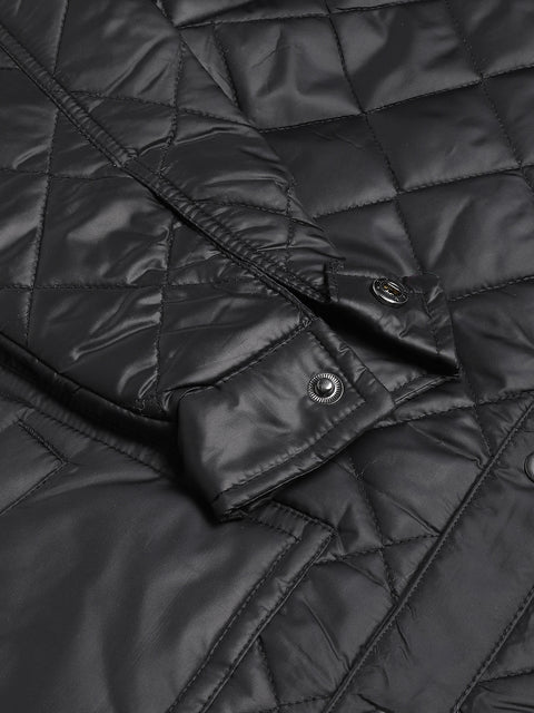 Men Black Regular Fit Solid Stand Collar Casual Jacket