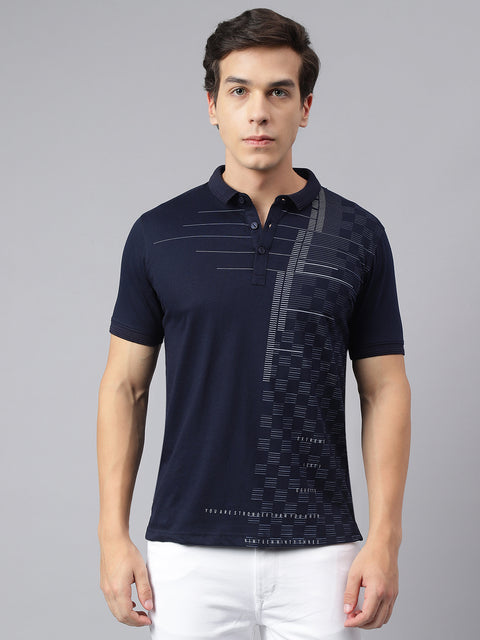 Men Navy Regular Fit Printed Polo Neck Casual T-Shirt