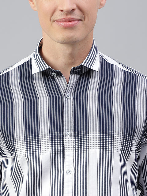 Men White Navy Regular Fit Striped Spread Collar Casual Shirt