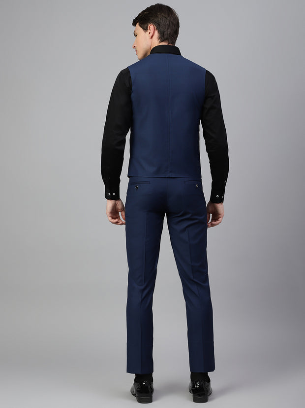 Men Blue Regular Fit Solid Notched Lapel Formal 3 Piece Suit