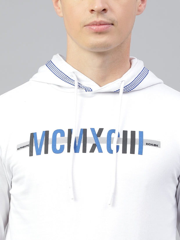 Men White Regular Fit Print Hoodie Casual Sweat Shirt