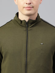 Men Olive Regular Fit Solid Stand Collar Casual Jacket