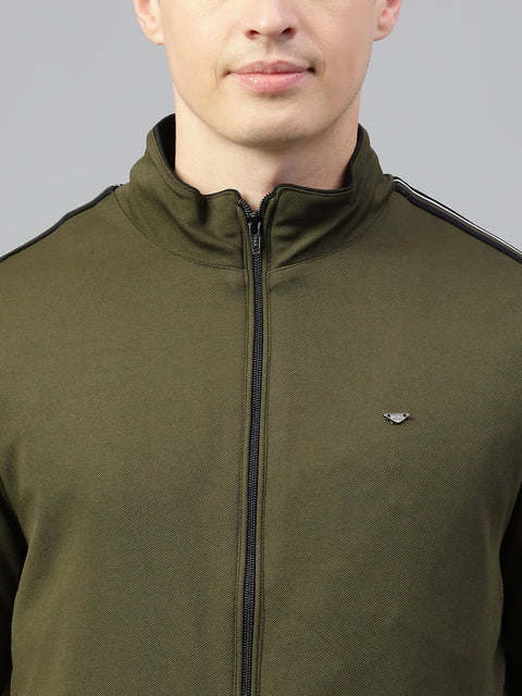 Men Olive Regular Fit Solid Stand Collar Casual Jacket