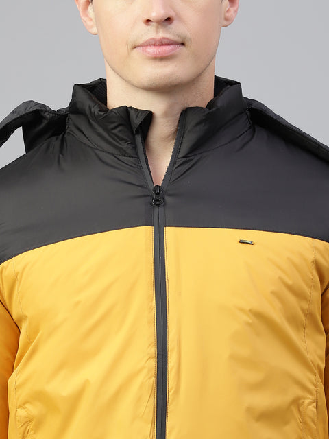 Men Black Ochre Regular Fit Solid Hoodie Casual Jacket