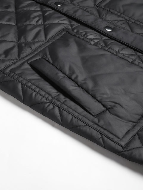 Men Black Regular Fit Solid Stand Collar Casual Jacket
