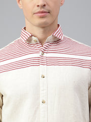 Men Cream Red Regular Fit Striped Spread Collar Casual Shirt