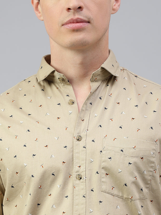 Men Khaki Regular Fit Print Spread Collar Casual Shirt