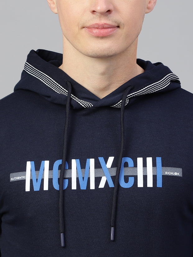 Men Navy Regular Fit Print Hoodie Casual Sweat Shirt