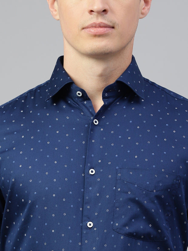 Men Navy Regular Fit Print Spread Collar Club Wear Shirt