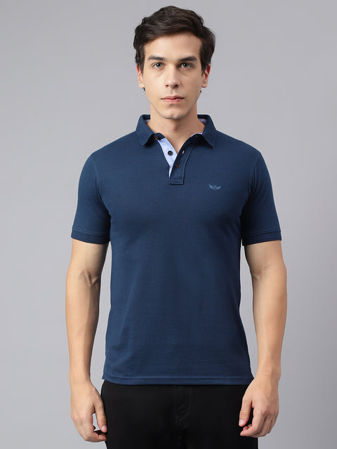Men Turquoise Regular Fit Solid Polo Neck Casual T-Shirt