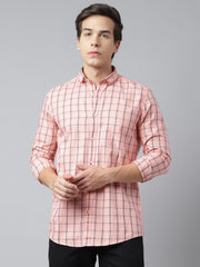 Men Peach Standard Fit Checkered Casual Shirt