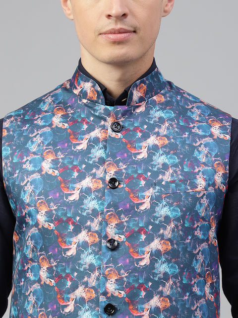 Men Blue Pink Regular Fit Print Stand Collar Club Wear Waist Coat