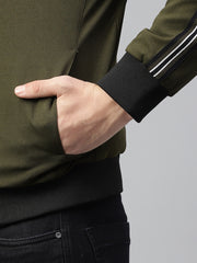 Men Olive Regular Fit Solid Stand Collar Casual Jacket