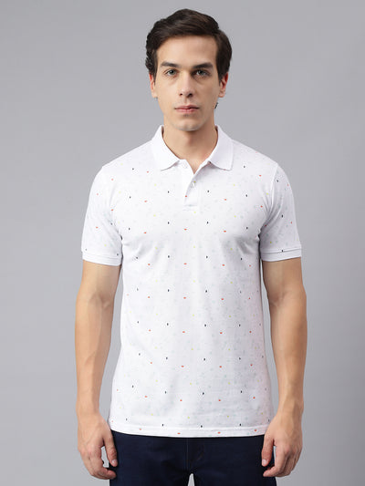 Men White Regular Fit Printed Polo Neck Casual T-Shirt