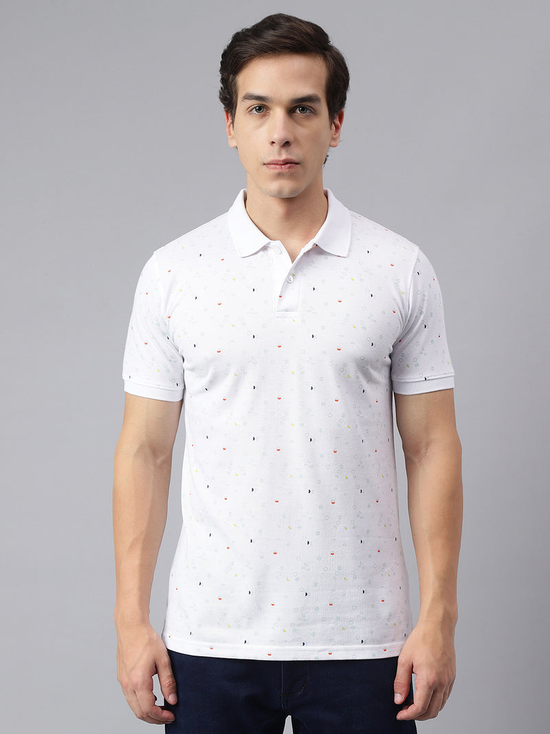 Men White Regular Fit Printed Polo Neck Casual T-Shirt