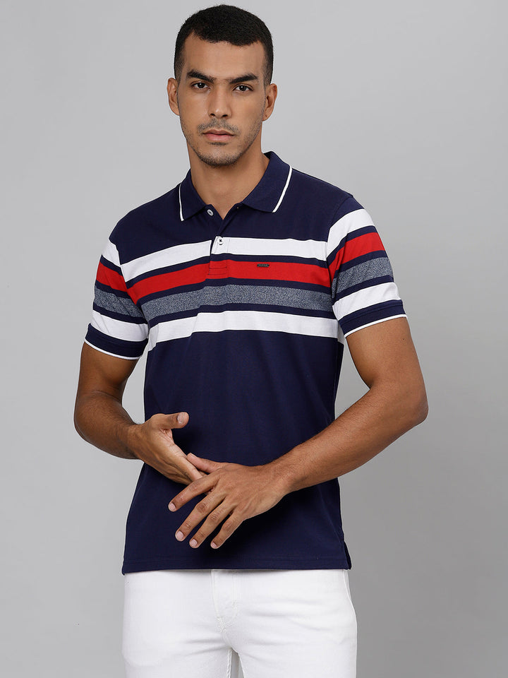 Men Navy Regular Fit Striped Polo Neck T-Shirt