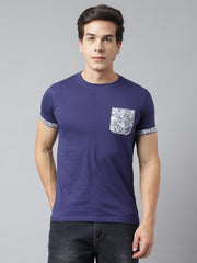 Men Blue Regular Fit Solid Crew Neck Casual T-Shirt