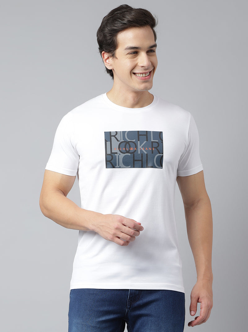 Men White Regular Fit Printed Crew Neck Casual T-Shirt