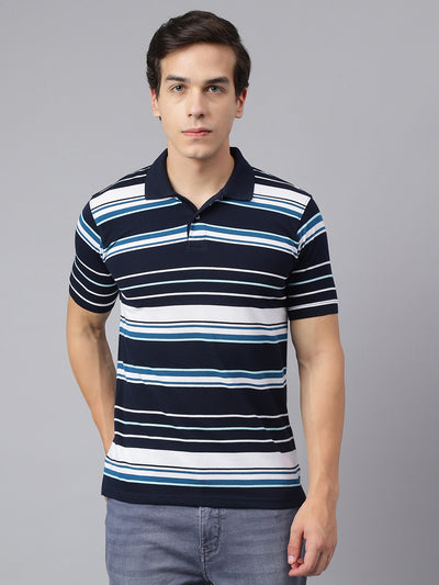 Men Navy Regular Fit Striped Polo Neck Casual T-Shirt