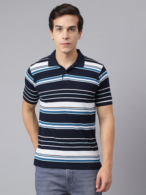 Men Navy Regular Fit Striped Polo Neck Casual T-Shirt
