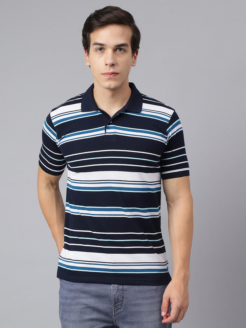 Men Navy Regular Fit Striped Polo Neck Casual T-Shirt