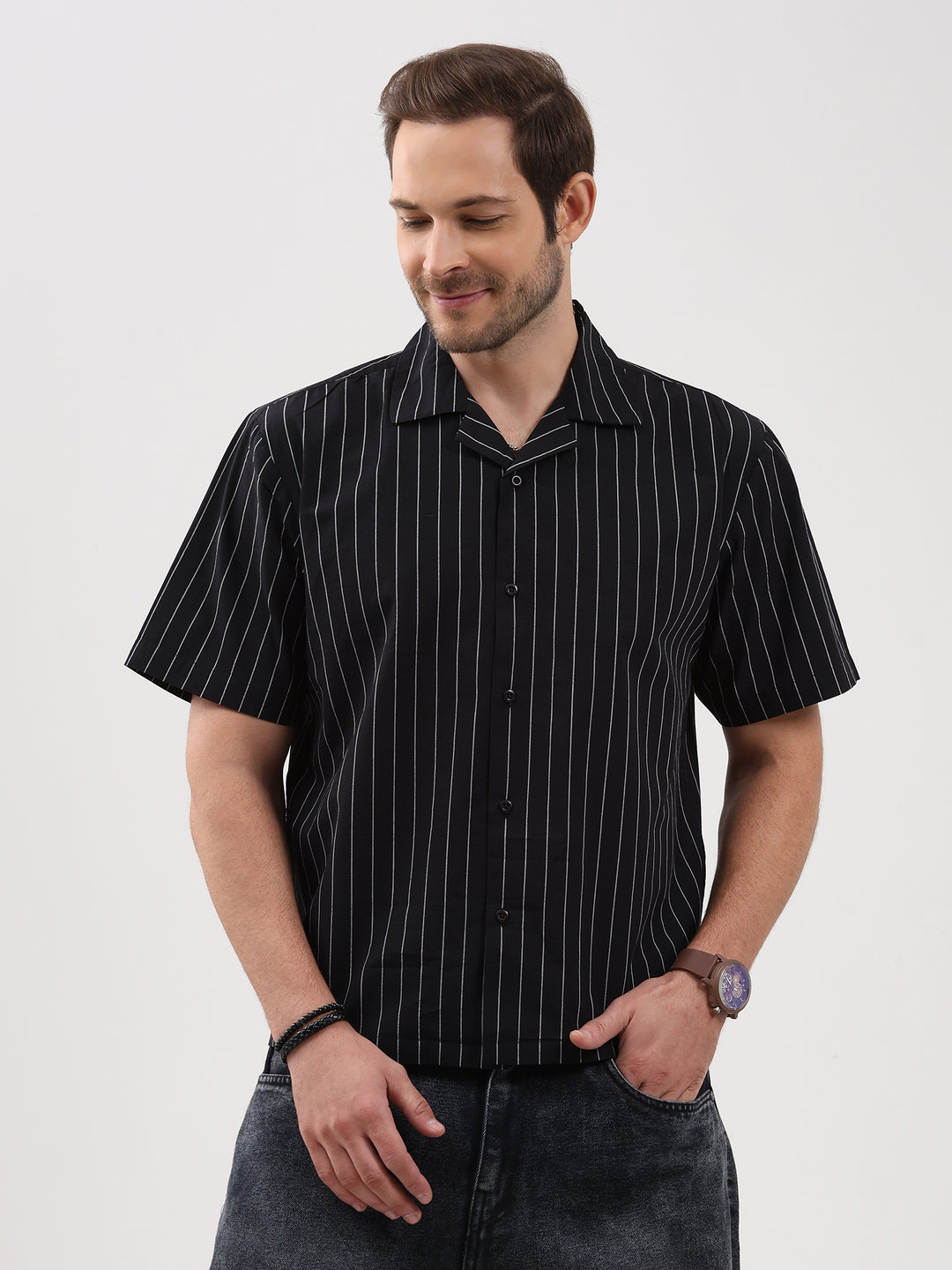 Men's Black Stripe Cuban Collar Half Sleeve Shirt-1