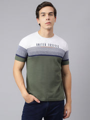 Men Olive White Regular Fit Color Blocked Crew Neck Casual T-Shirt