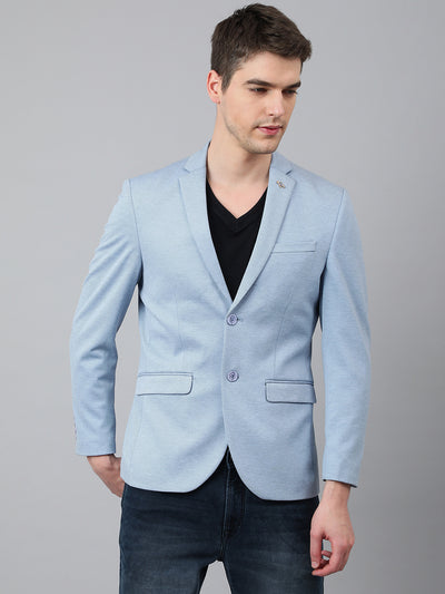 Men Sky Blue Regular Fit Solid Notched Lapel Casual Blazer