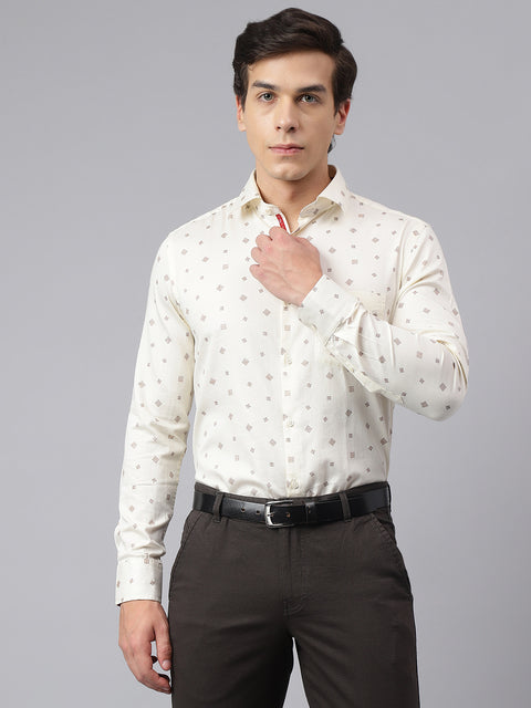 Men Cream Standard Fit Printed Club Wear Shirt