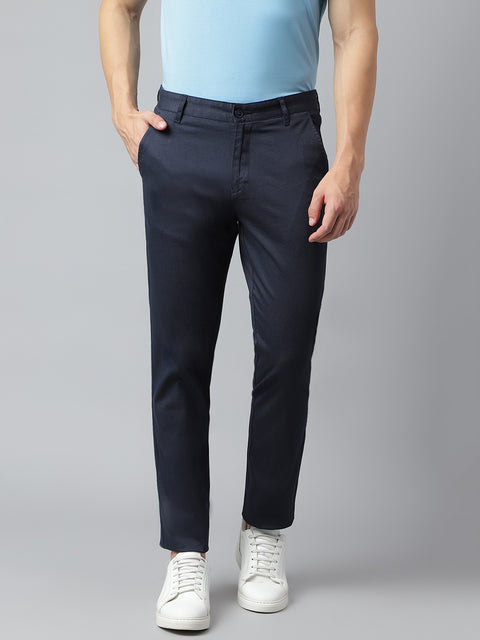 Men Navy Slim Fit Mid Rise Solid Casual Trouser