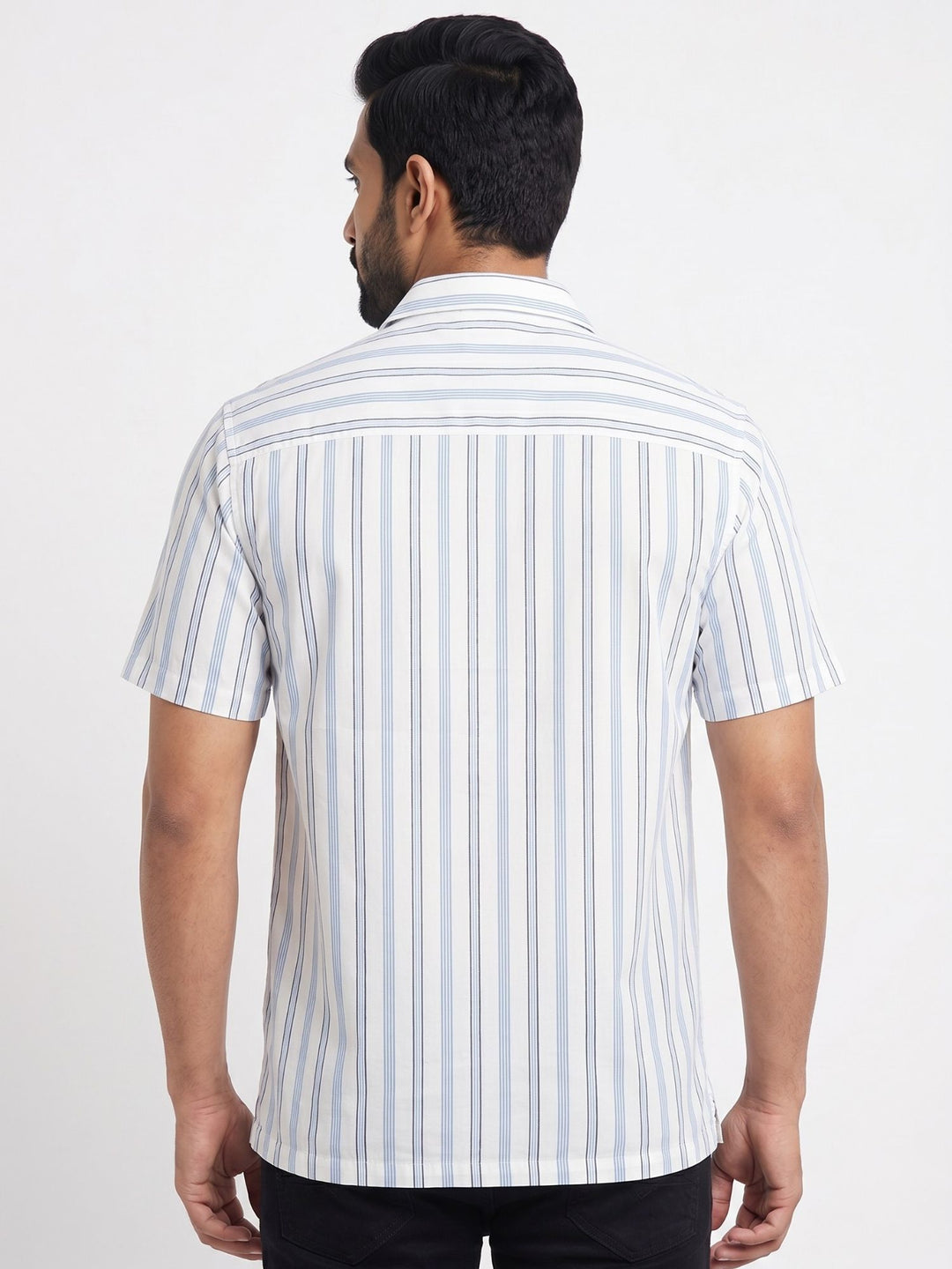 Men's White Stripe Cuban Collar Half Sleeve Shirt
