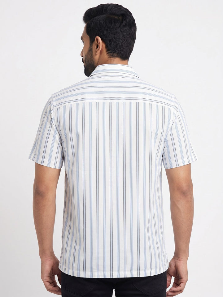 Men's White Stripe Cuban Collar Half Sleeve Shirt