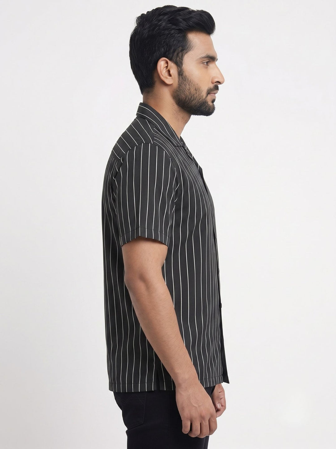 Men's Black Stripe Cuban Collar Half Sleeve Shirt