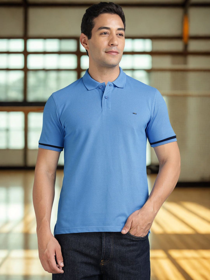 Men Sky Blue Striped Sleeve Polo T-Shirt