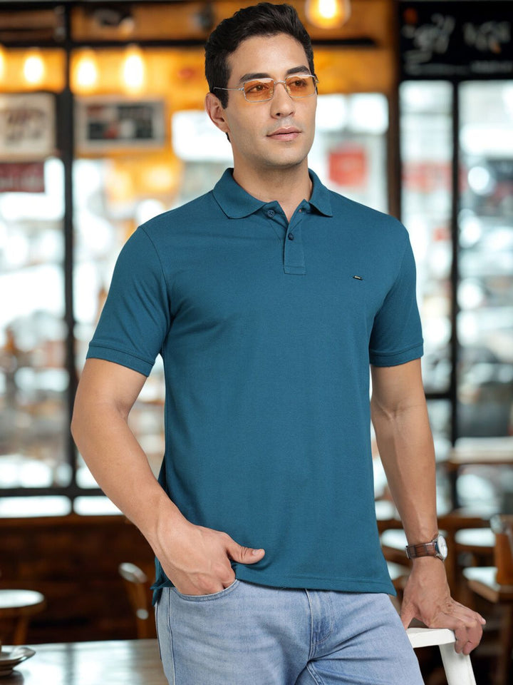 Men Teal Blue Regular Fit Polo T-Shirt