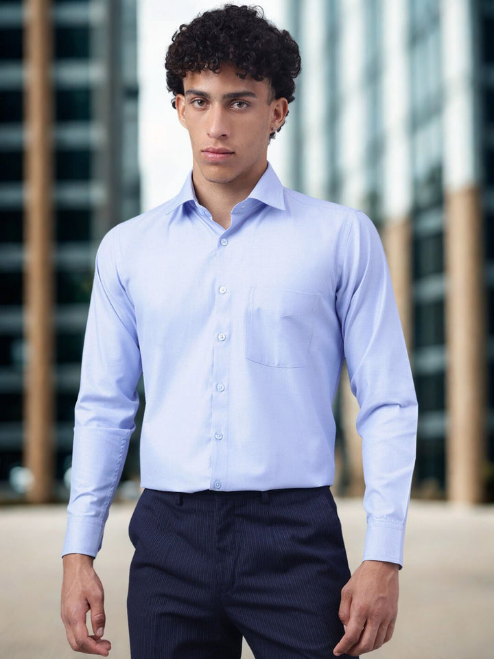 Men Textured Light Blue Cotton Formal Shirt